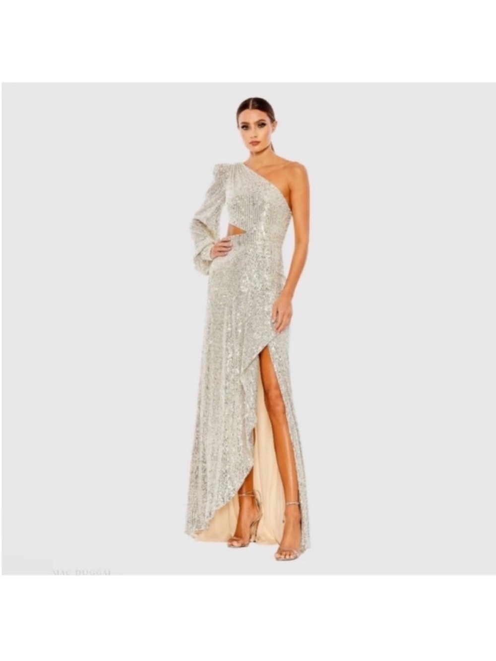IEENA FOR MAC DUGGAL
Silver Sequined One Shoulder Cut Out Gown NWT 12